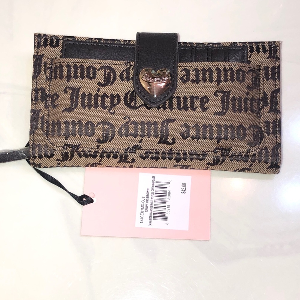 Juicy Couture Taupe Dk Brown Easy Rider Large Bifold + Pullout Card Case NWT